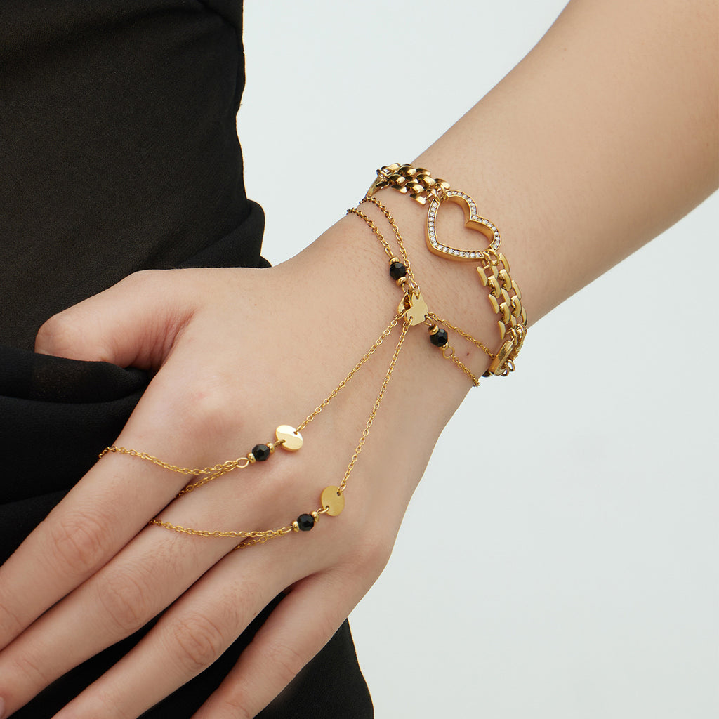 New Arrival Trendy Women's Stainless Steel Finger Bracelet Hand Chain Heart-Shaped Zircon Inlaid 18K Gold Plated Watch Chain