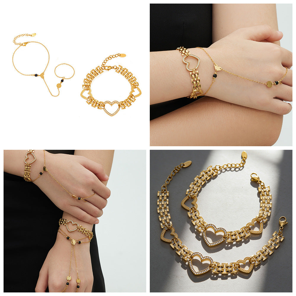 New Arrival Trendy Women's Stainless Steel Finger Bracelet Hand Chain Heart-Shaped Zircon Inlaid 18K Gold Plated Watch Chain