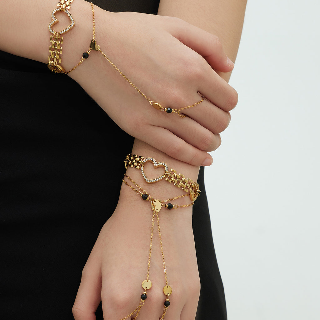 New Arrival Trendy Women's Stainless Steel Finger Bracelet Hand Chain Heart-Shaped Zircon Inlaid 18K Gold Plated Watch Chain