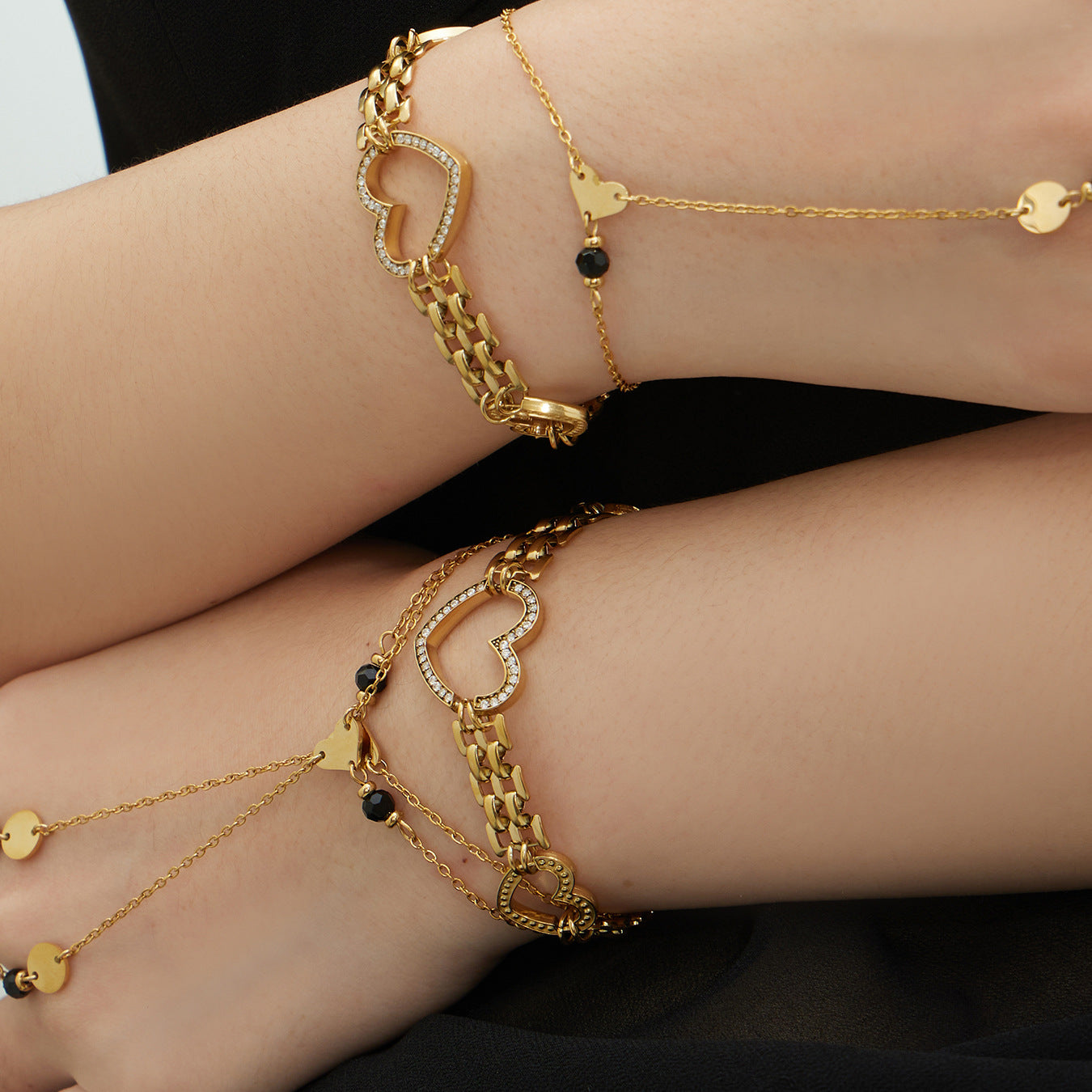 New Arrival Trendy Women's Stainless Steel Finger Bracelet Hand Chain Heart-Shaped Zircon Inlaid 18K Gold Plated Watch Chain