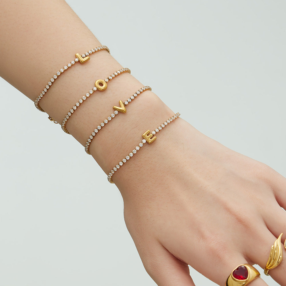 Women's Stainless Steel Arabic Alphabet Letters Zircon Adjustable Length Chain Bracelet with 18K Gold Plating Romantic Style