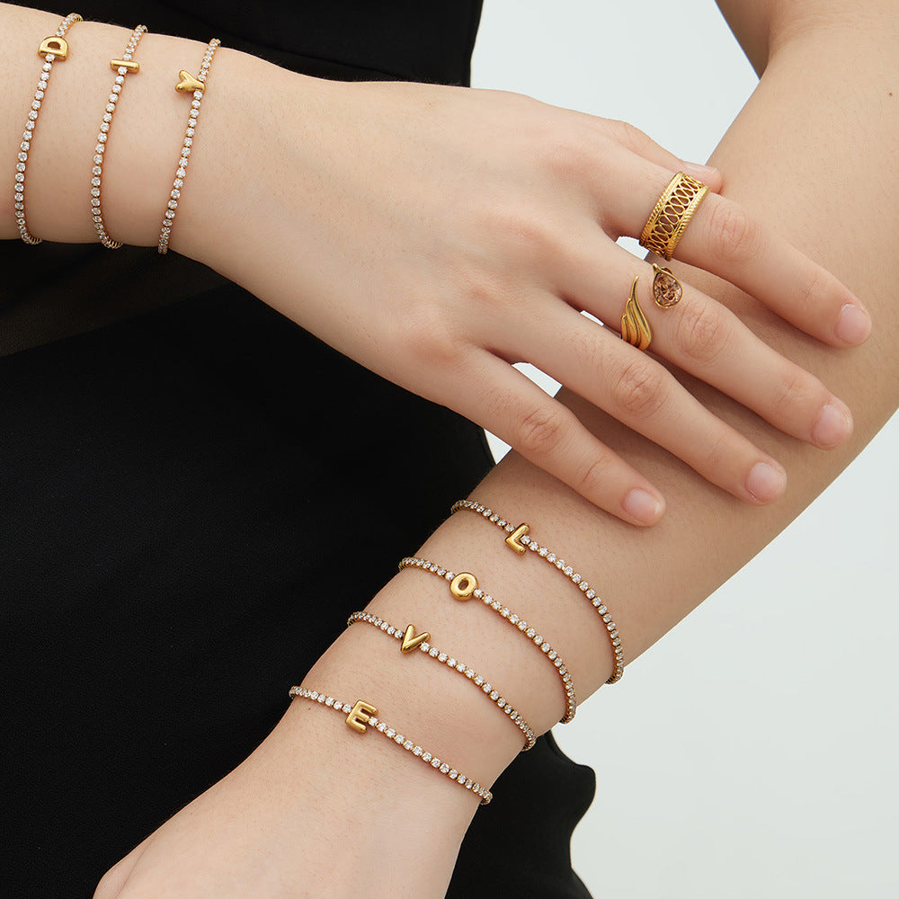 Women's Stainless Steel Arabic Alphabet Letters Zircon Adjustable Length Chain Bracelet with 18K Gold Plating Romantic Style