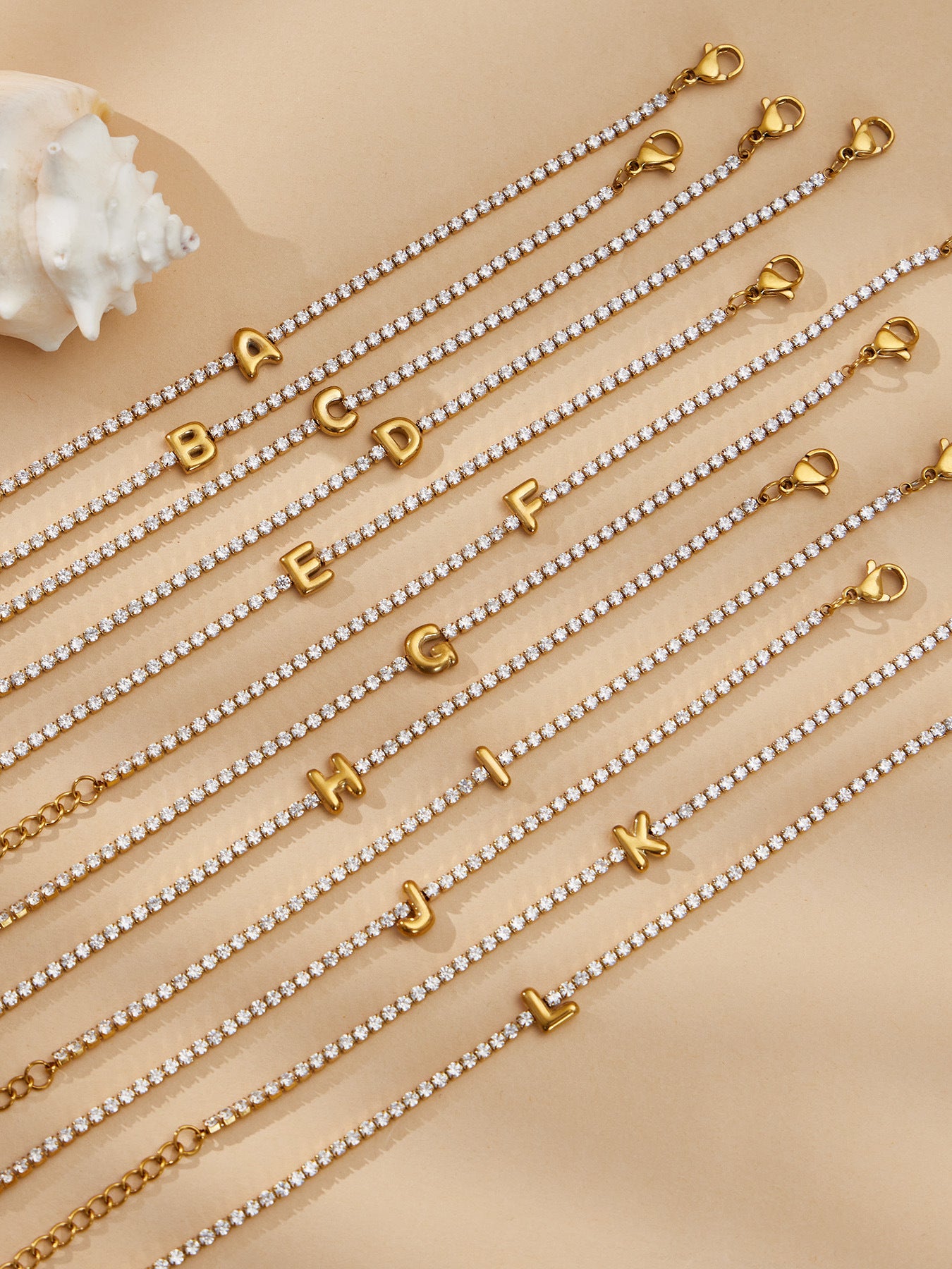 Women's Stainless Steel Arabic Alphabet Letters Zircon Adjustable Length Chain Bracelet with 18K Gold Plating Romantic Style