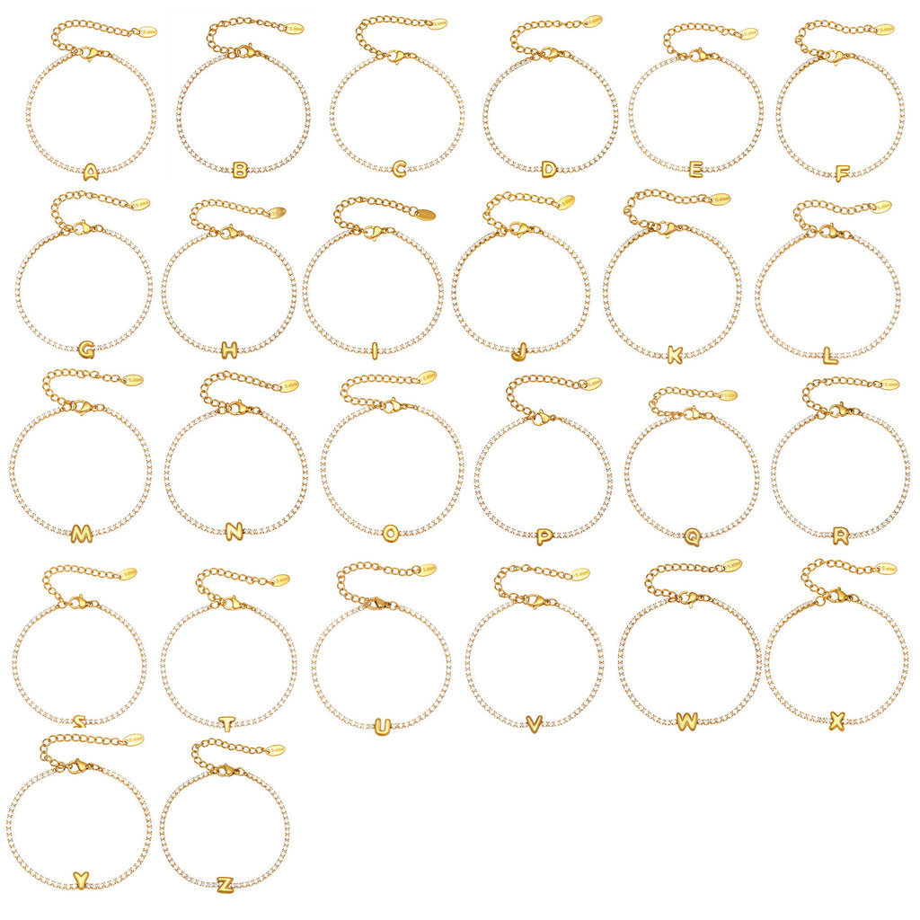 Women's Stainless Steel Arabic Alphabet Letters Zircon Adjustable Length Chain Bracelet with 18K Gold Plating Romantic Style