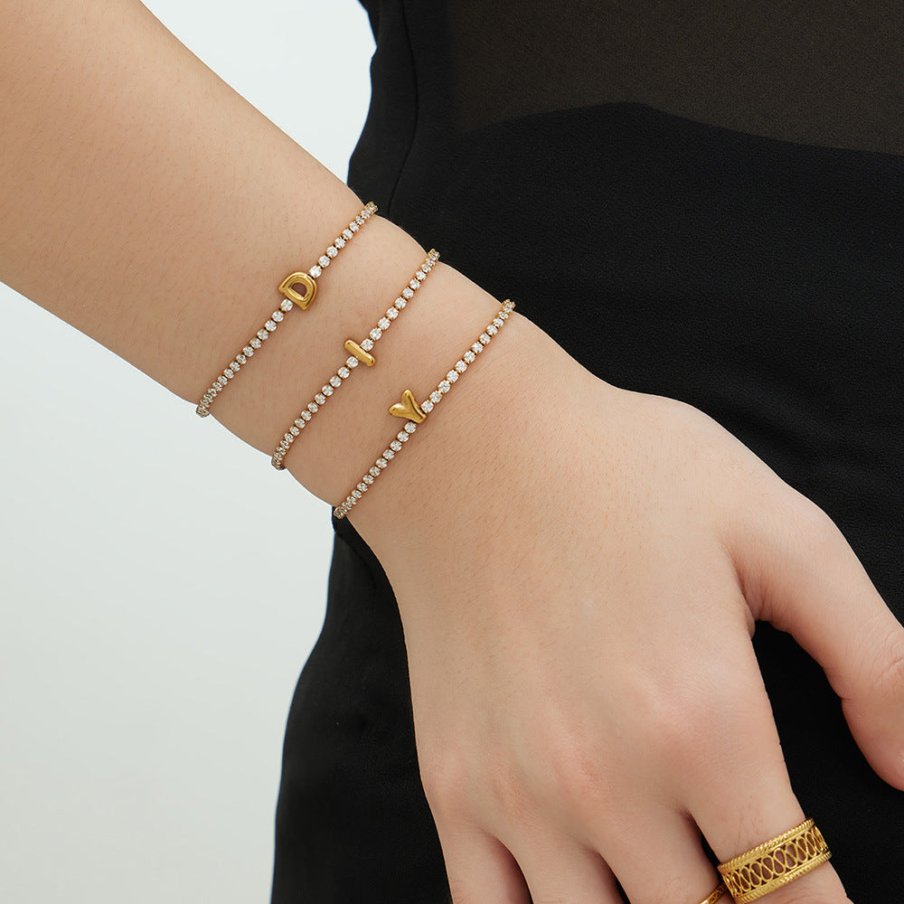 Women's Stainless Steel Arabic Alphabet Letters Zircon Adjustable Length Chain Bracelet with 18K Gold Plating Romantic Style