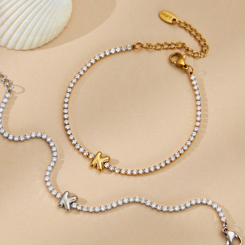 Women's Stainless Steel Arabic Alphabet Letters Zircon Adjustable Length Chain Bracelet with 18K Gold Plating Romantic Style
