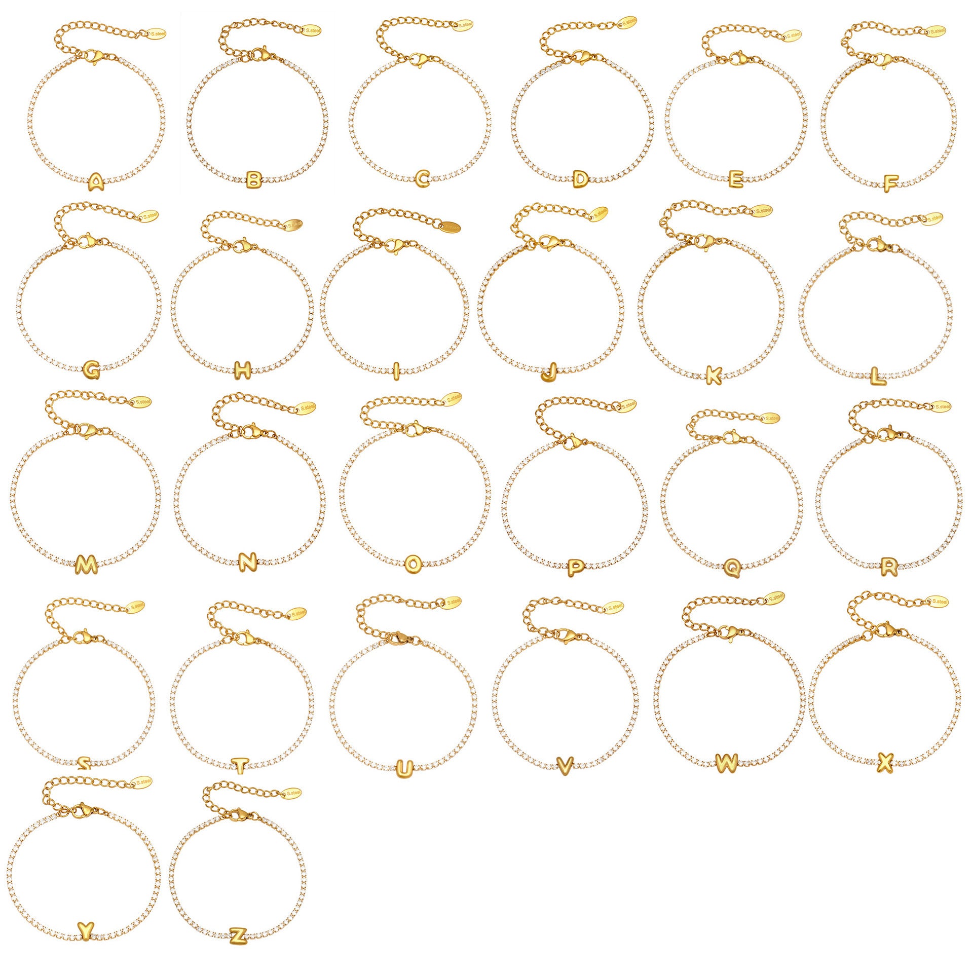 Women's Stainless Steel Arabic Alphabet Letters Zircon Adjustable Length Chain Bracelet with 18K Gold Plating Romantic Style