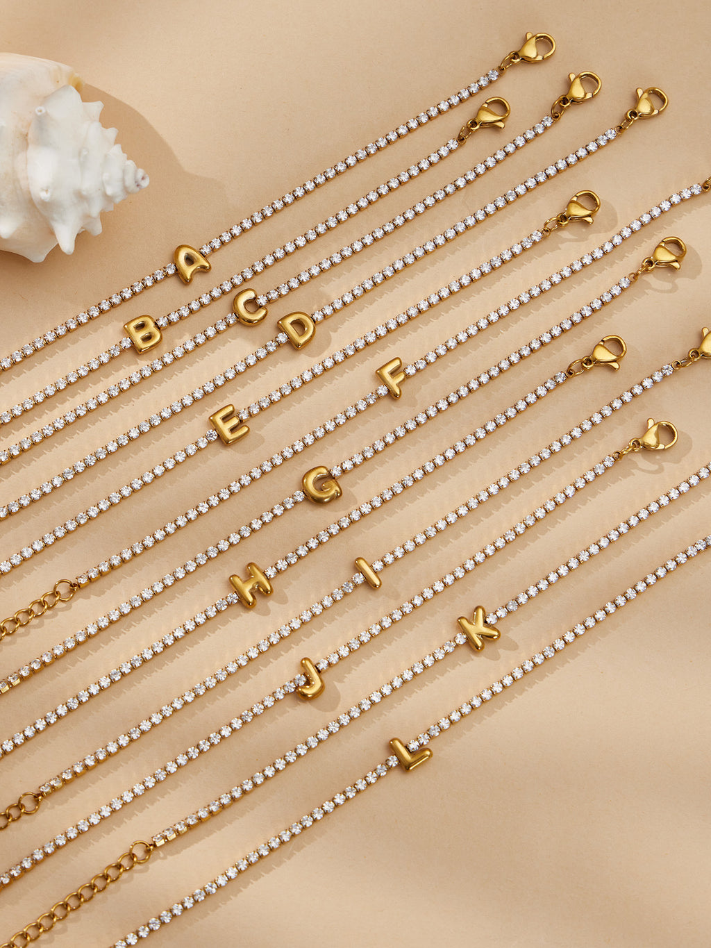 Women's Stainless Steel Arabic Alphabet Letters Zircon Adjustable Length Chain Bracelet with 18K Gold Plating Romantic Style