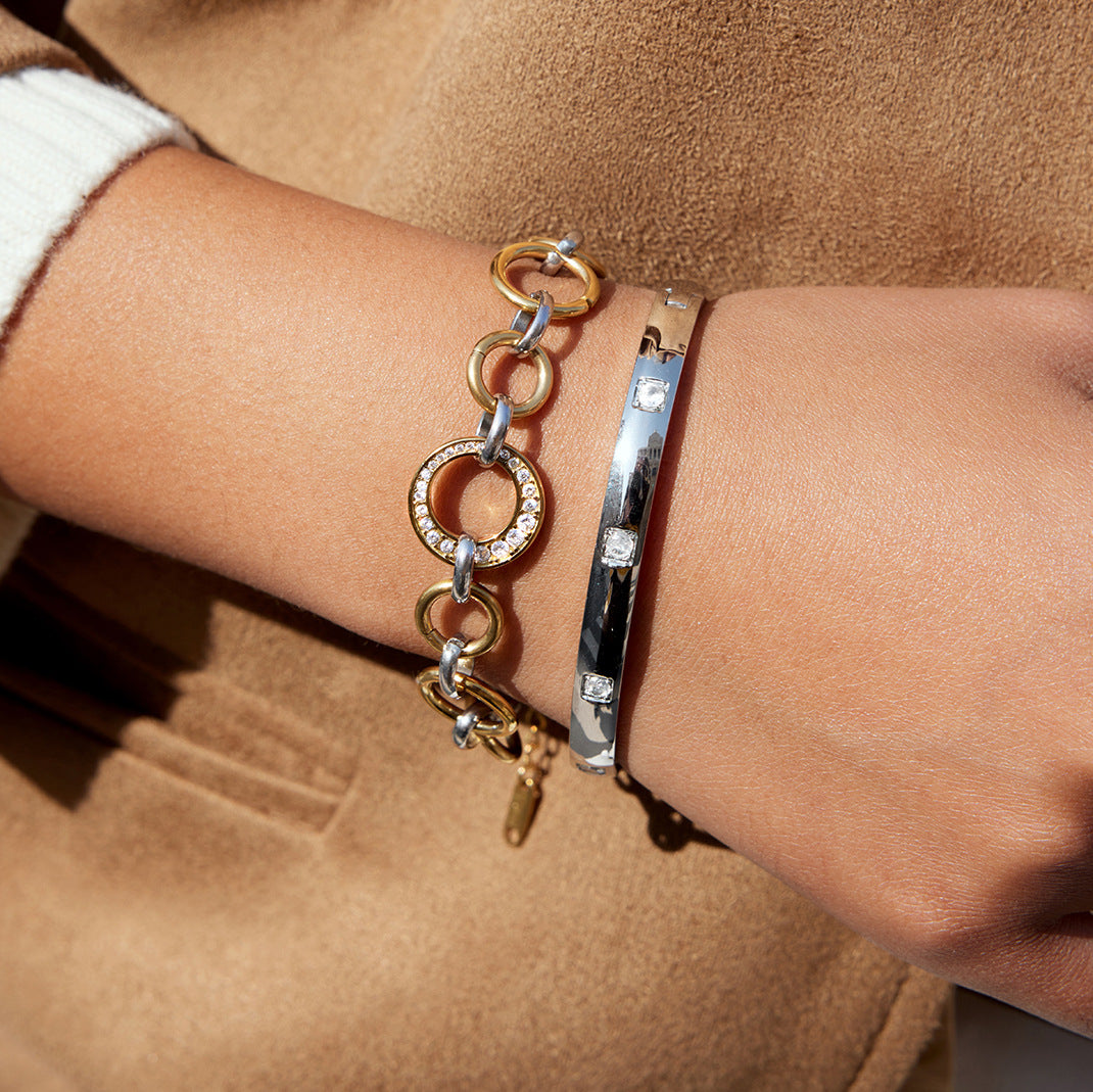 New Arrival Trendy Women's Stainless Steel Chain & Link Bracelet with White Zircon Inlay 18K Gold Plated Gift