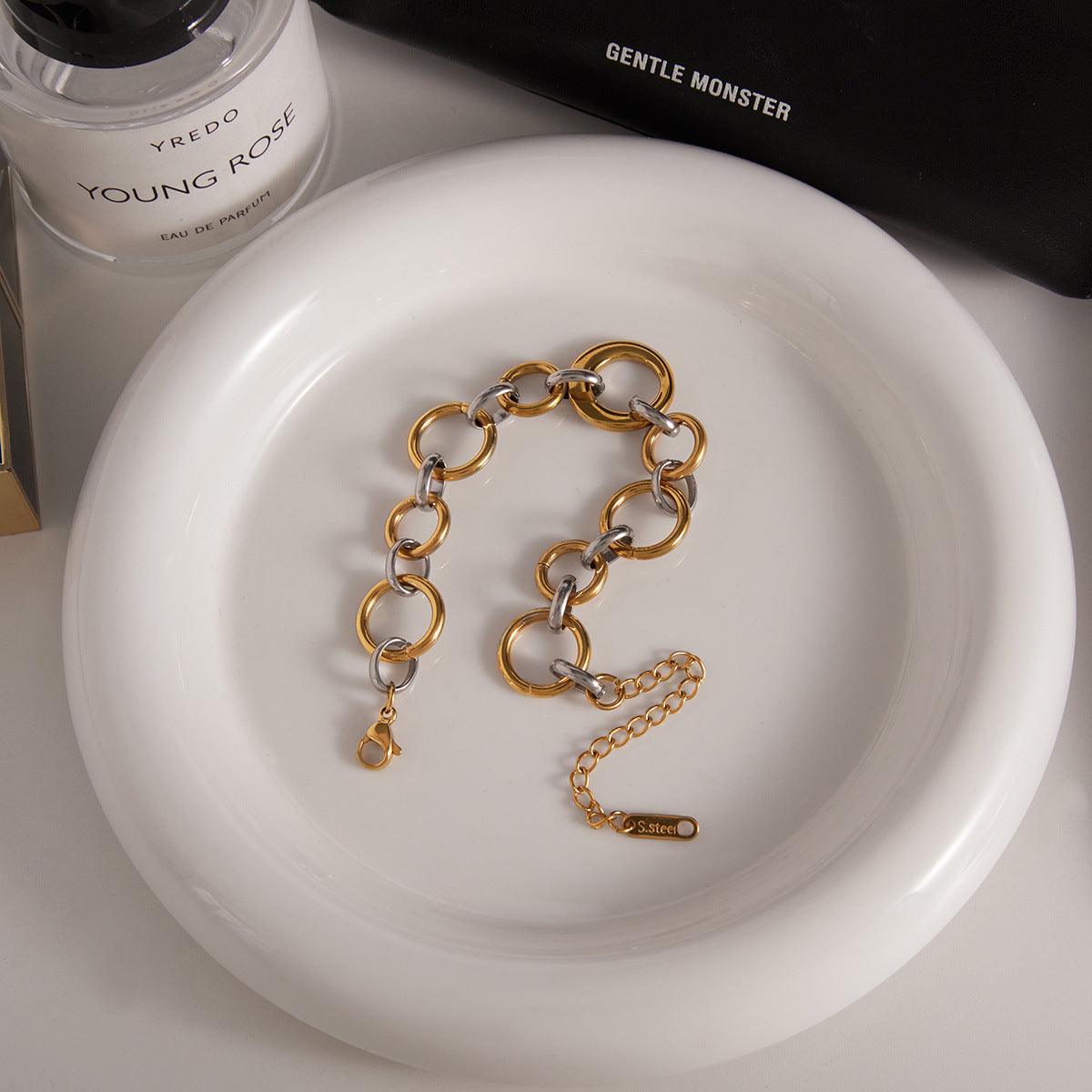 New Arrival Trendy Women's Stainless Steel Chain & Link Bracelet with White Zircon Inlay 18K Gold Plated Gift