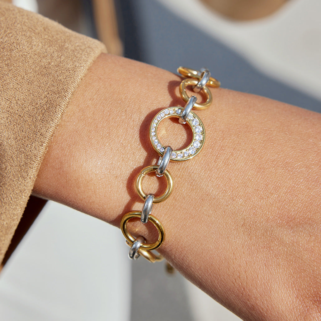New Arrival Trendy Women's Stainless Steel Chain & Link Bracelet with White Zircon Inlay 18K Gold Plated Gift