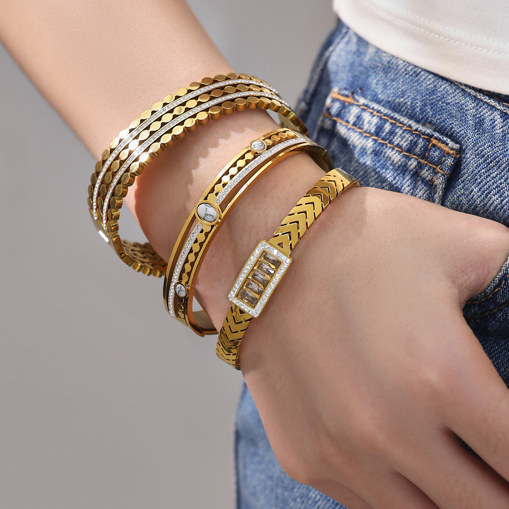 MH Real Gold PVD Stainless Steel Zircon Turquoise Crown Vintage Fashion Jewelry Bracelets Bangles Wholesale Gift