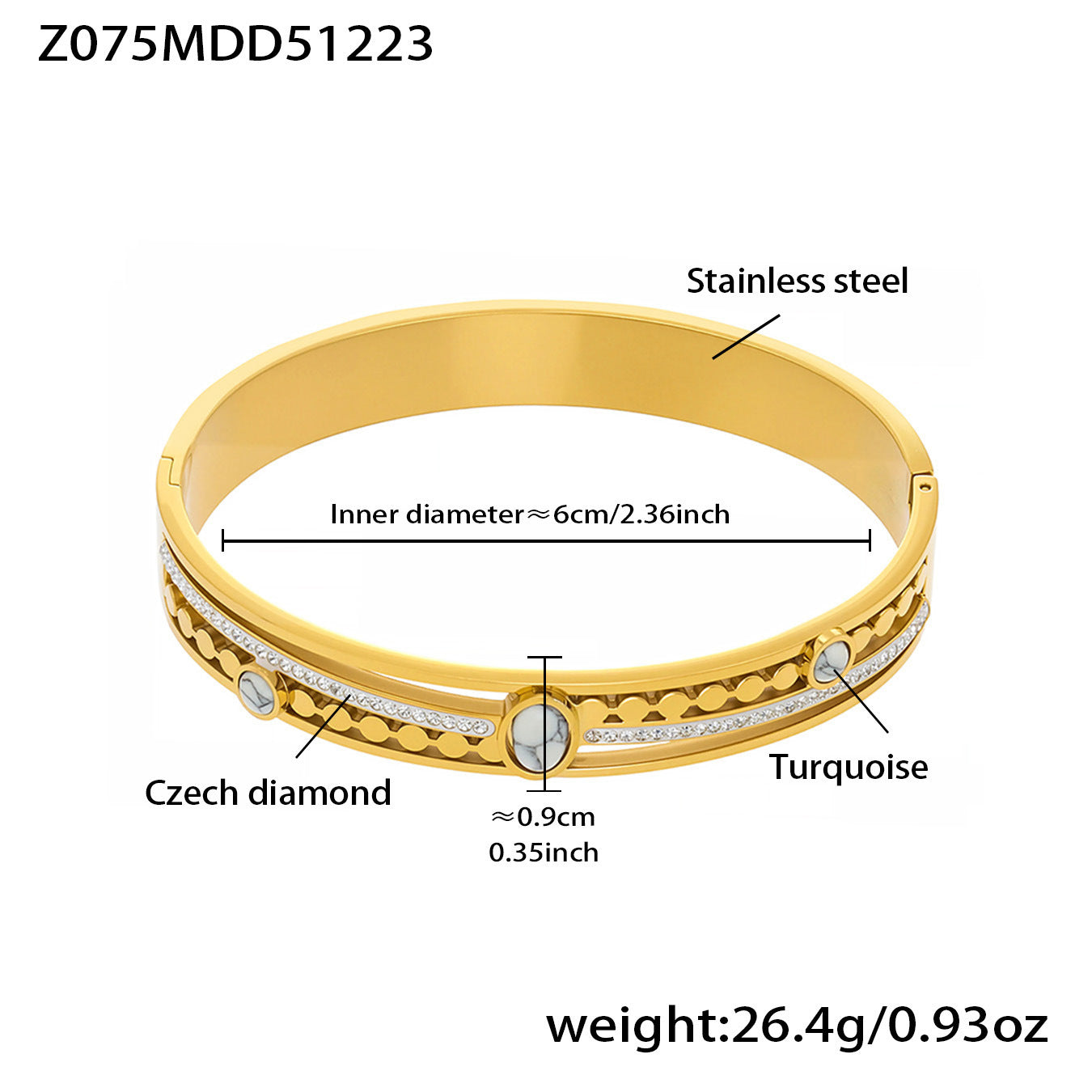 MH Real Gold PVD Stainless Steel Zircon Turquoise Crown Vintage Fashion Jewelry Bracelets Bangles Wholesale Gift