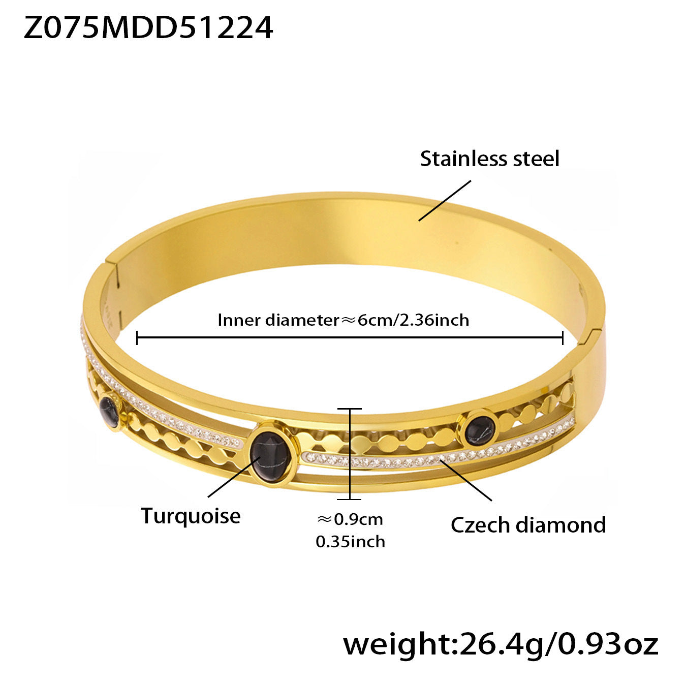 MH Real Gold PVD Stainless Steel Zircon Turquoise Crown Vintage Fashion Jewelry Bracelets Bangles Wholesale Gift