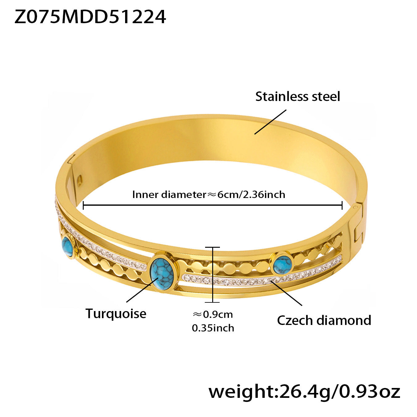 MH Real Gold PVD Stainless Steel Zircon Turquoise Crown Vintage Fashion Jewelry Bracelets Bangles Wholesale Gift