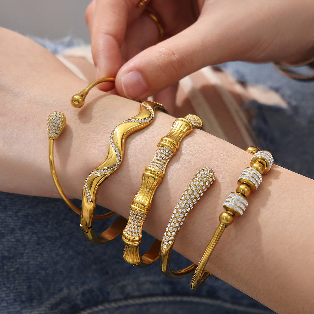 Unisex Vintage 18K Gold PVD Plated Stainless Steel Wrap Bracelets & Bangles with White Zircons and Crown Shape