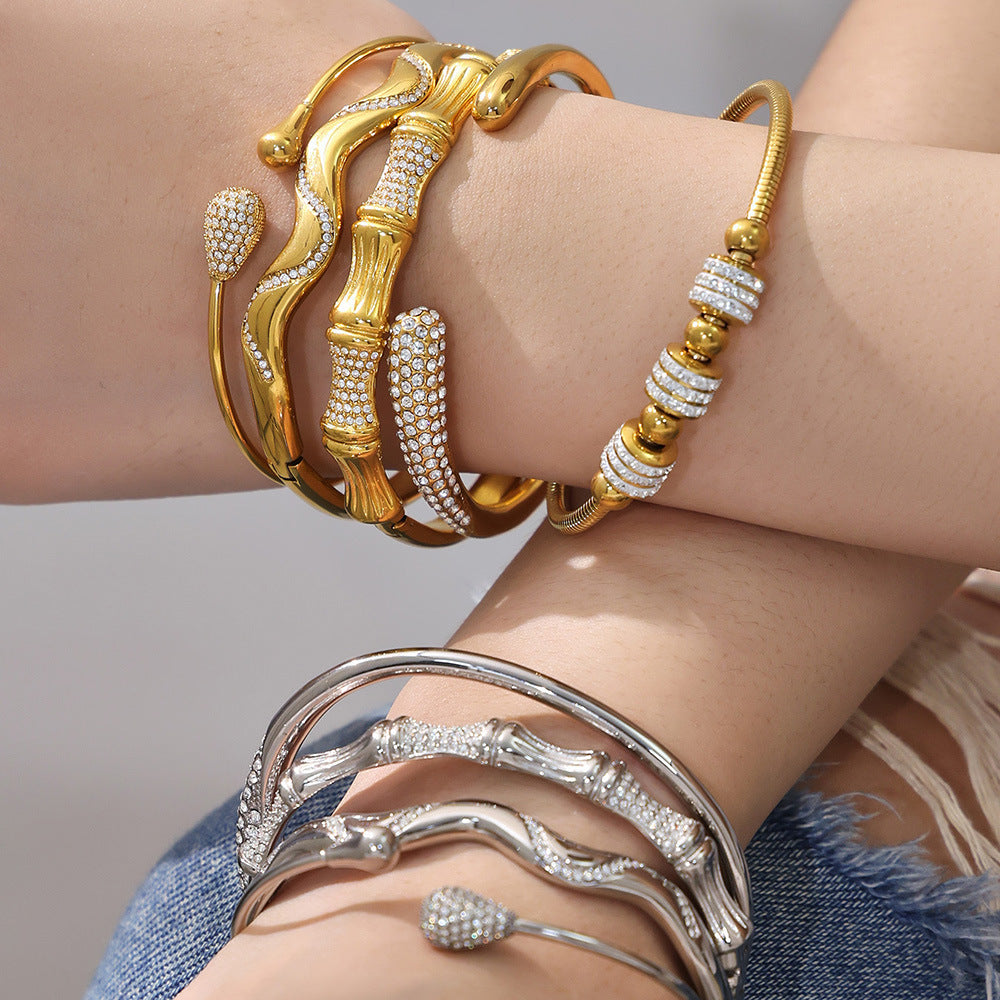 Unisex Vintage 18K Gold PVD Plated Stainless Steel Wrap Bracelets & Bangles with White Zircons and Crown Shape