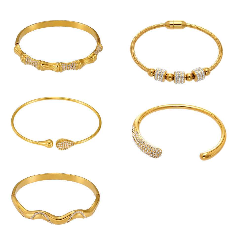 Unisex Vintage 18K Gold PVD Plated Stainless Steel Wrap Bracelets & Bangles with White Zircons and Crown Shape