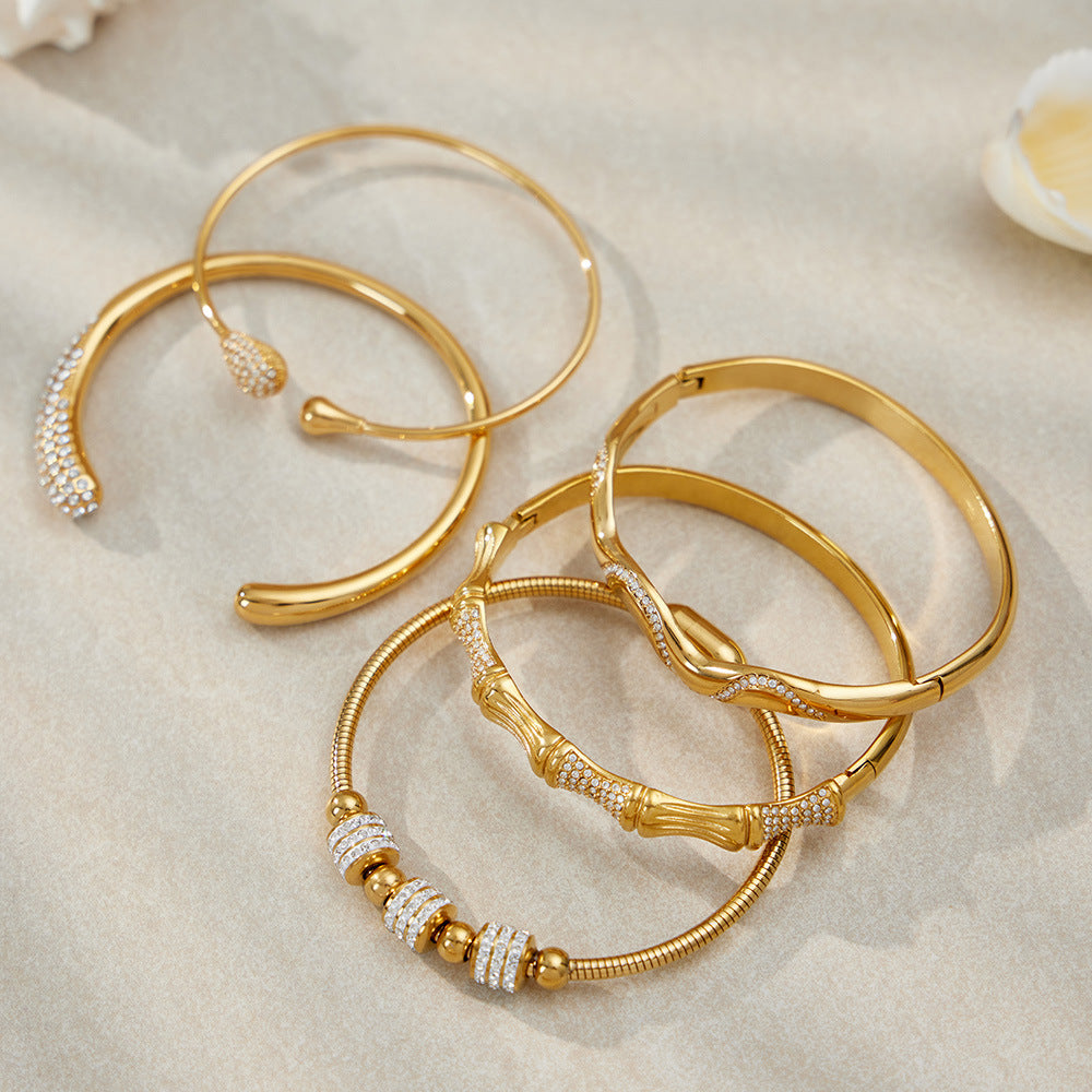 Unisex Vintage 18K Gold PVD Plated Stainless Steel Wrap Bracelets & Bangles with White Zircons and Crown Shape