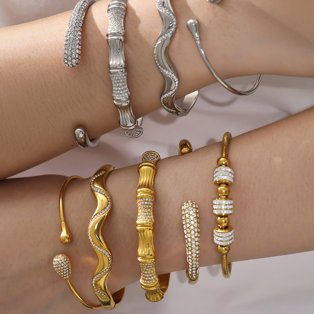 Unisex Vintage 18K Gold PVD Plated Stainless Steel Wrap Bracelets & Bangles with White Zircons and Crown Shape
