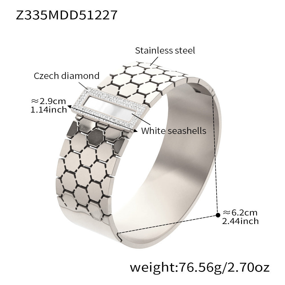 Stainless Steel Wide Chunky Vintage Crown Shape Zircon Bangle with 18K Gold Plating Unisex Fashion Jewelry