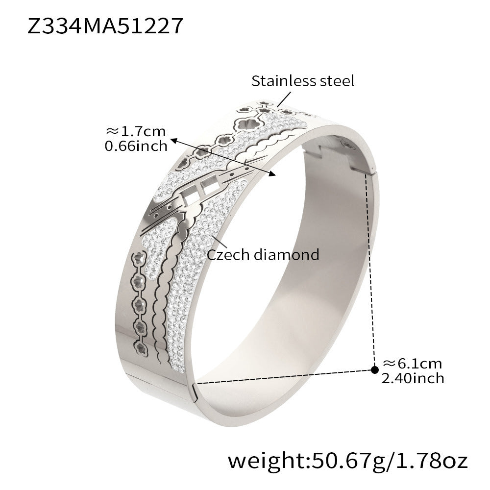 Stainless Steel Wide Chunky Vintage Crown Shape Zircon Bangle with 18K Gold Plating Unisex Fashion Jewelry