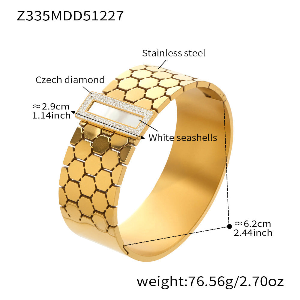 Stainless Steel Wide Chunky Vintage Crown Shape Zircon Bangle with 18K Gold Plating Unisex Fashion Jewelry