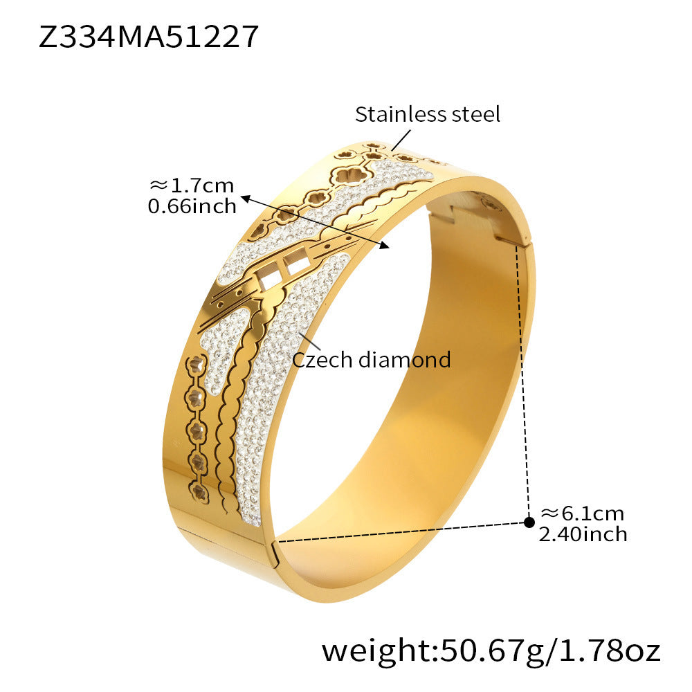 Stainless Steel Wide Chunky Vintage Crown Shape Zircon Bangle with 18K Gold Plating Unisex Fashion Jewelry
