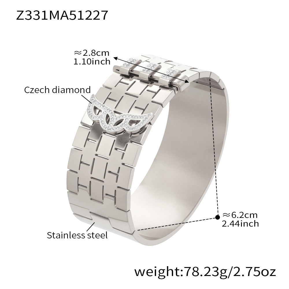 Stainless Steel Wide Chunky Vintage Crown Shape Zircon Bangle with 18K Gold Plating Unisex Fashion Jewelry