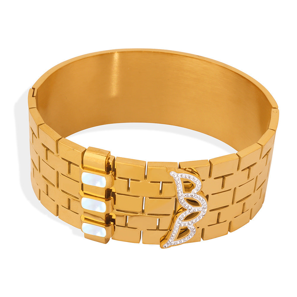 Stainless Steel Wide Chunky Vintage Crown Shape Zircon Bangle with 18K Gold Plating Unisex Fashion Jewelry