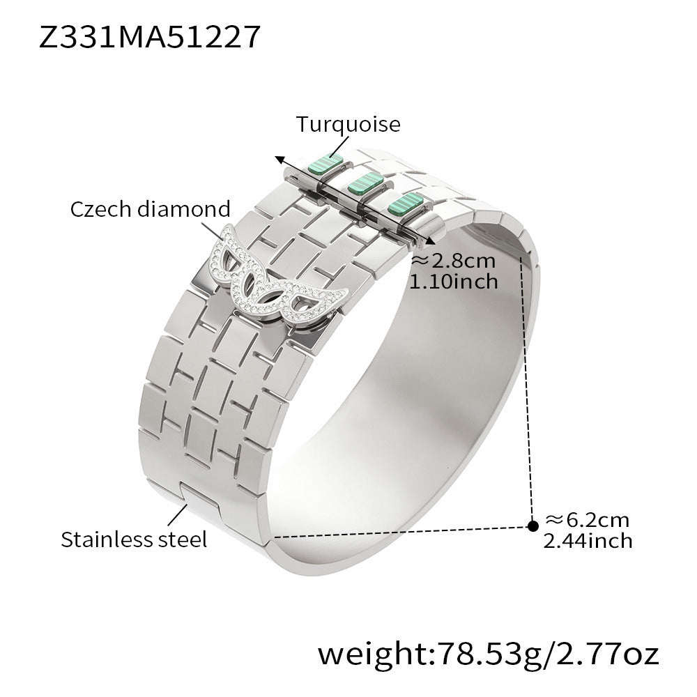 Stainless Steel Wide Chunky Vintage Crown Shape Zircon Bangle with 18K Gold Plating Unisex Fashion Jewelry