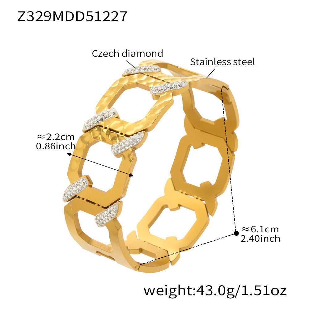 Stainless Steel Wide Chunky Vintage Crown Shape Zircon Bangle with 18K Gold Plating Unisex Fashion Jewelry