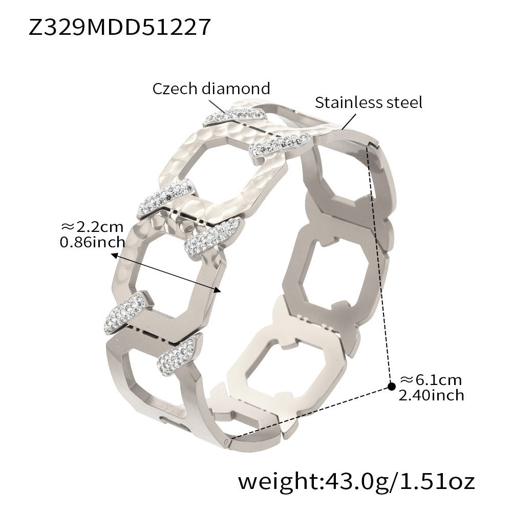 Stainless Steel Wide Chunky Vintage Crown Shape Zircon Bangle with 18K Gold Plating Unisex Fashion Jewelry