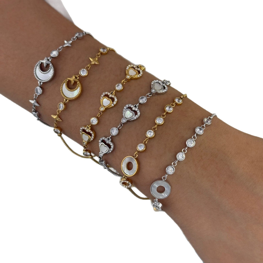 Trendy 18K Gold Plated Stainless Steel Chain Bracelet Natural Shell Zircon Stones Personalized Engraving Option Unisex Gift