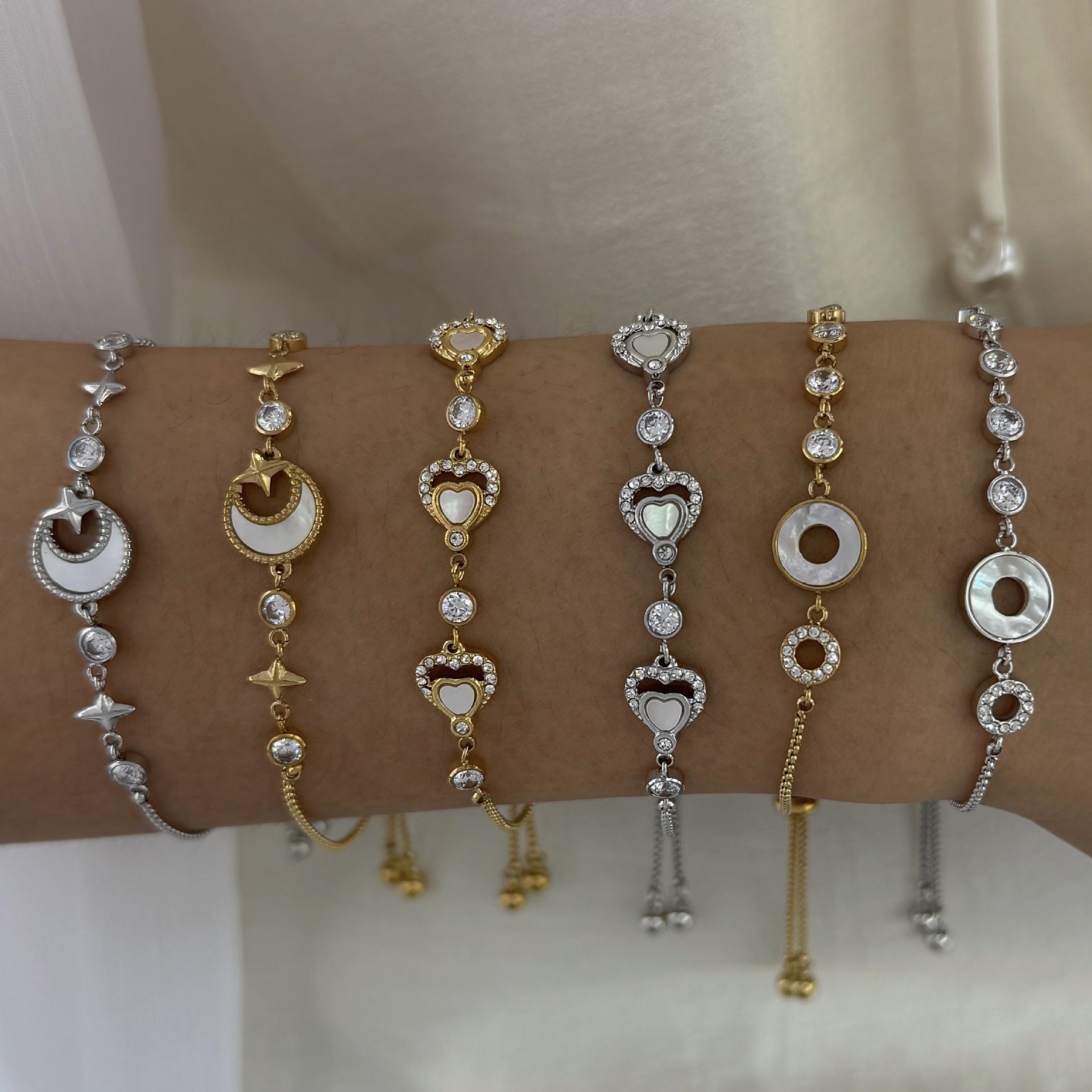 Trendy 18K Gold Plated Stainless Steel Chain Bracelet Natural Shell Zircon Stones Personalized Engraving Option Unisex Gift