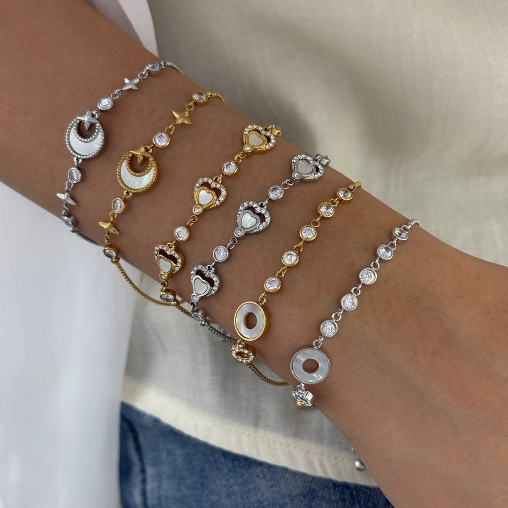 Trendy 18K Gold Plated Stainless Steel Chain Bracelet Natural Shell Zircon Stones Personalized Engraving Option Unisex Gift