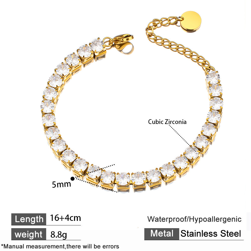 Luxury 18K Gold Plated Stainless Steel Geometric Trendy Tennis Chain Bangles 5MM Zircon Unisex