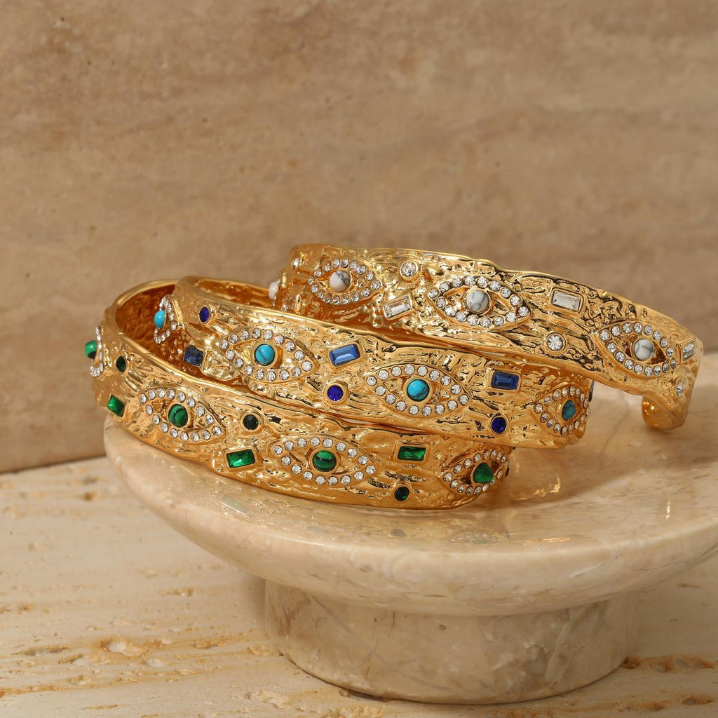 Stainless Steel 18K Gold Plated Crown-Shaped Cute Open Bangles Wedding Design Waterproof Non-Tarnishing Women's Gift Zircons