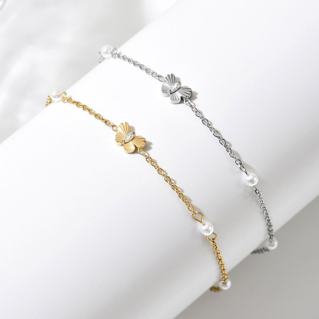 Bracelets 14K Gold Plated Butterfly Pearl Zircon Waterproof Stainless Steel Party Gift Chain Adjustable Hypoallergenic Trendy