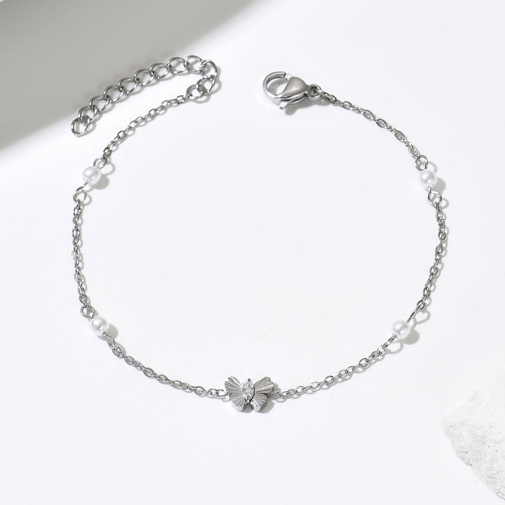 Bracelets 14K Gold Plated Butterfly Pearl Zircon Waterproof Stainless Steel Party Gift Chain Adjustable Hypoallergenic Trendy