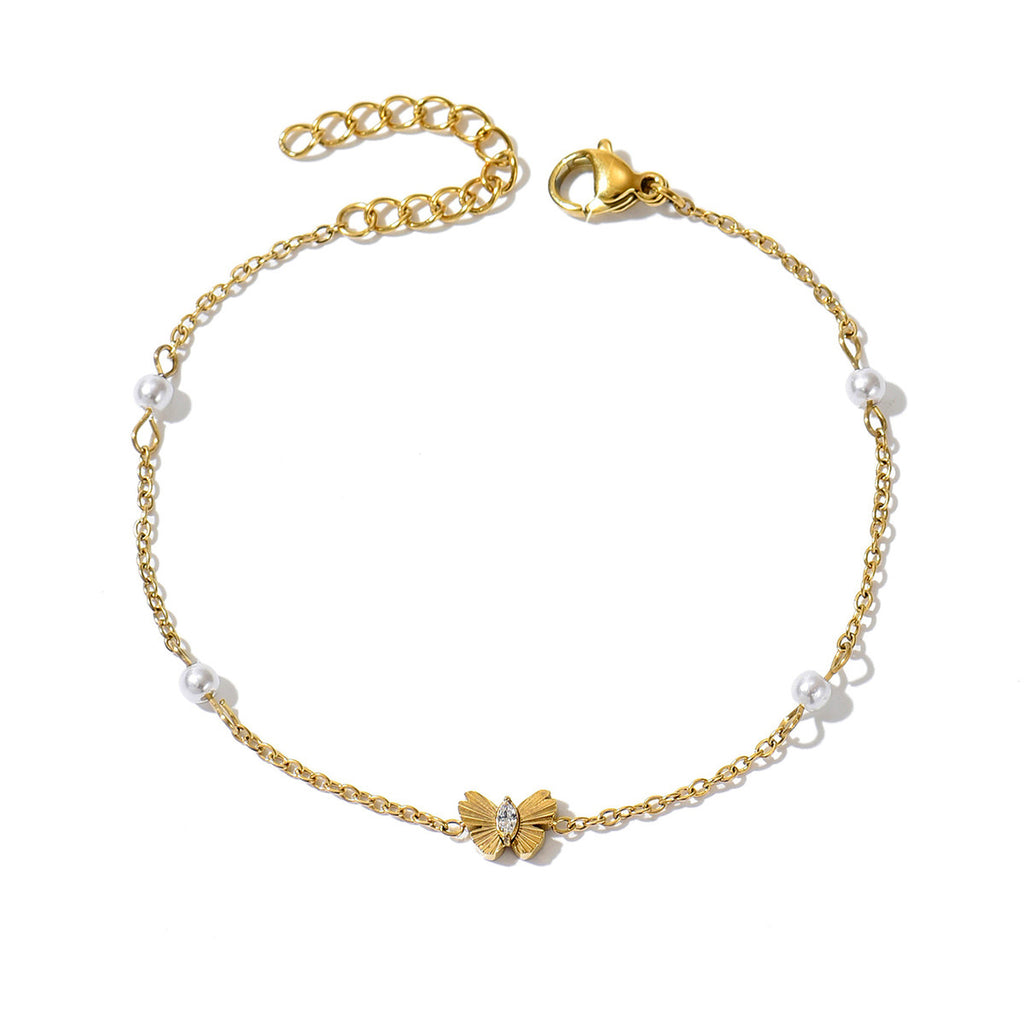 Bracelets 14K Gold Plated Butterfly Pearl Zircon Waterproof Stainless Steel Party Gift Chain Adjustable Hypoallergenic Trendy