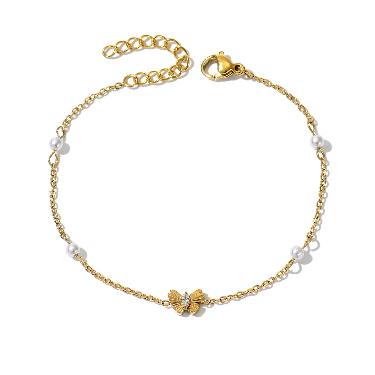 Bracelets 14K Gold Plated Butterfly Pearl Zircon Waterproof Stainless Steel Party Gift Chain Adjustable Hypoallergenic Trendy
