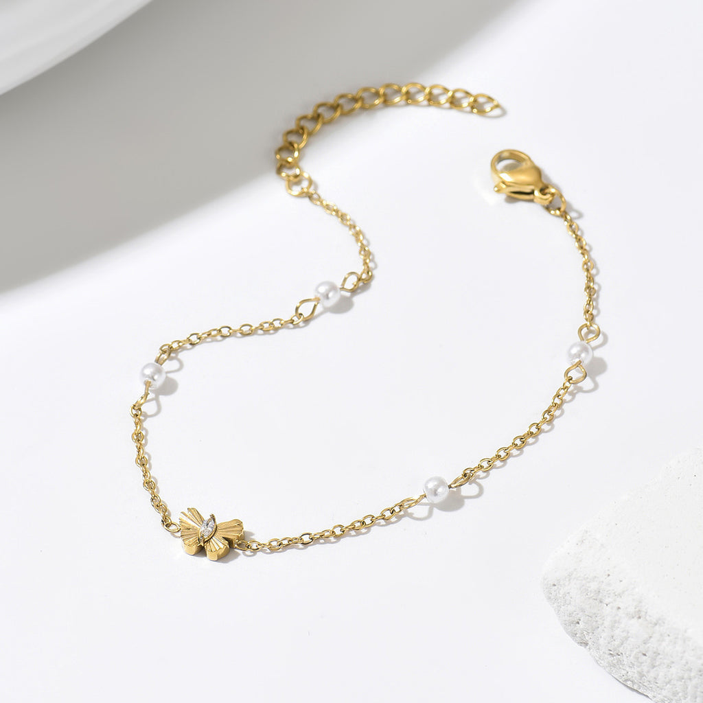 Bracelets 14K Gold Plated Butterfly Pearl Zircon Waterproof Stainless Steel Party Gift Chain Adjustable Hypoallergenic Trendy