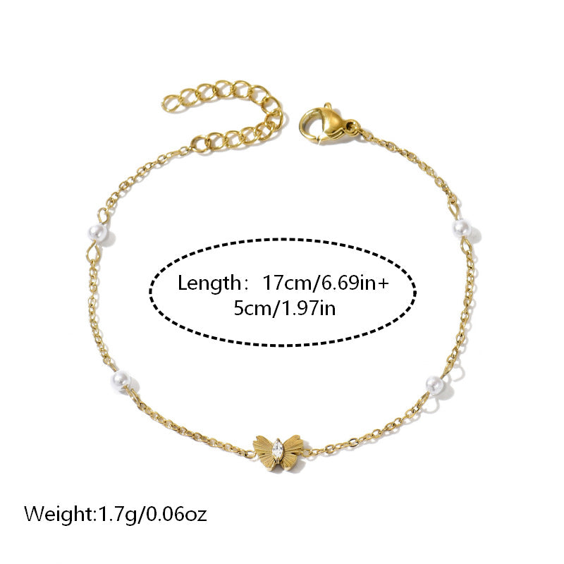 Bracelets 14K Gold Plated Butterfly Pearl Zircon Waterproof Stainless Steel Party Gift Chain Adjustable Hypoallergenic Trendy