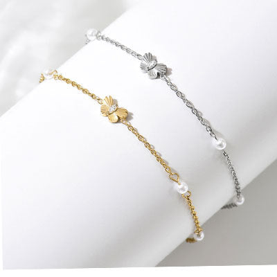 Bracelets 14K Gold Plated Butterfly Pearl Zircon Waterproof Stainless Steel Party Gift Chain Adjustable Hypoallergenic Trendy