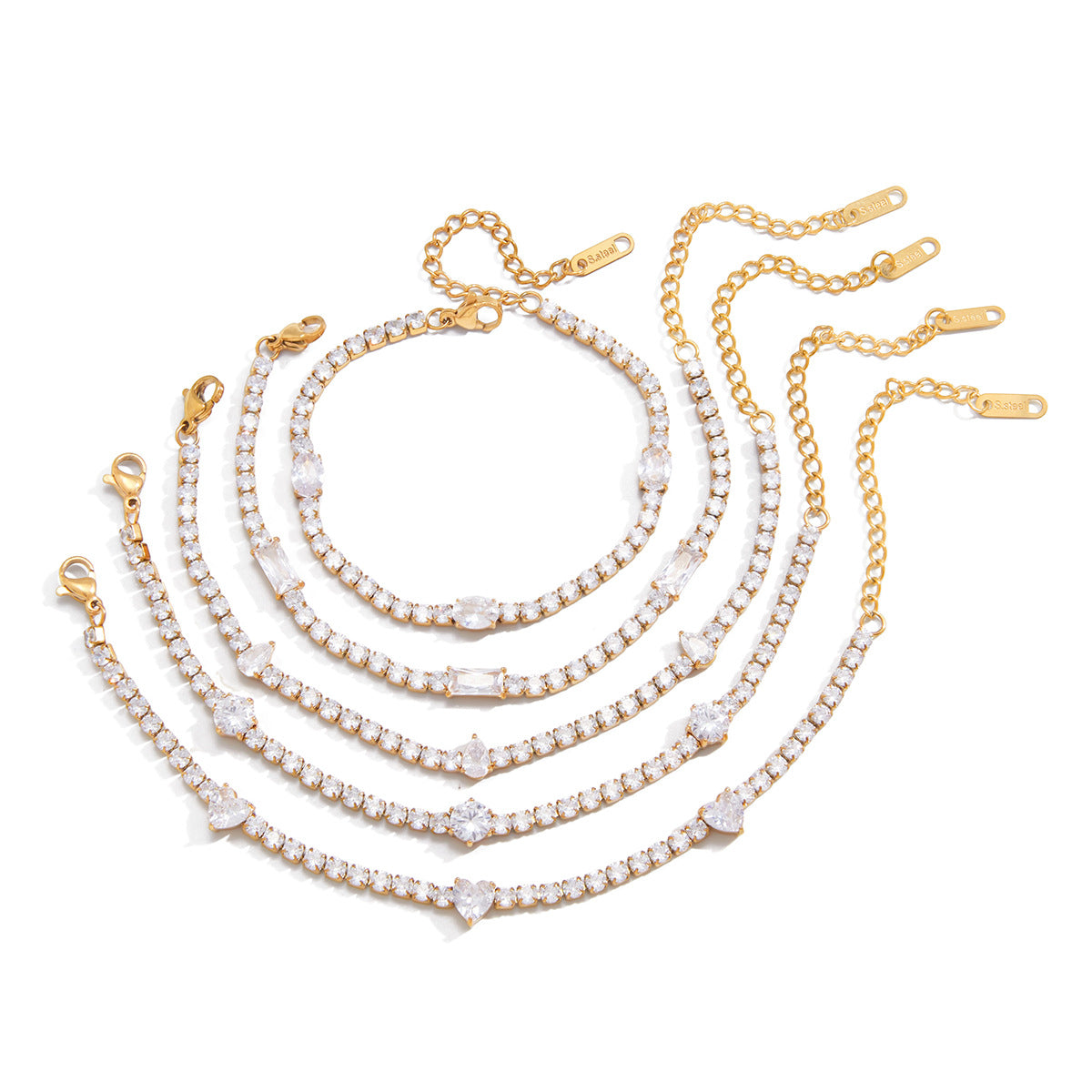 18K Gold Plated White Zircons Waterproof Stainless Steel Adjustable Hypoallergenic Tennis Chain Bracelet Unisex Light Gift
