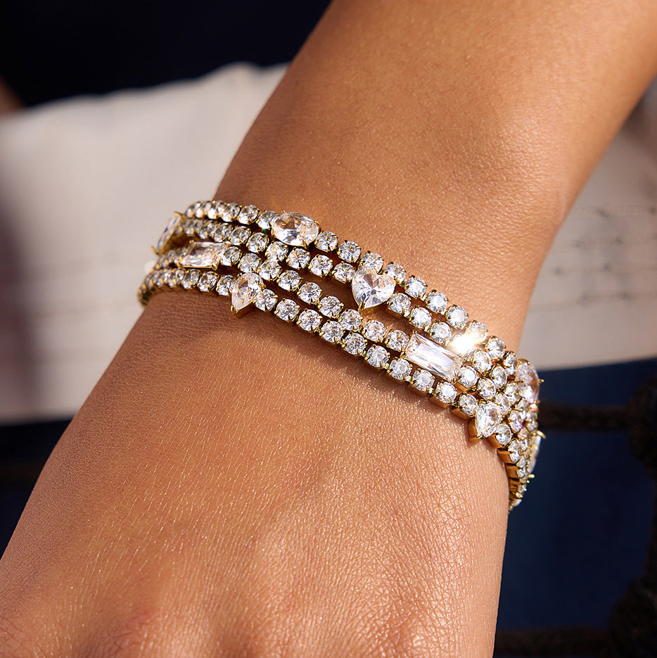 18K Gold Plated White Zircons Waterproof Stainless Steel Adjustable Hypoallergenic Tennis Chain Bracelet Unisex Light Gift
