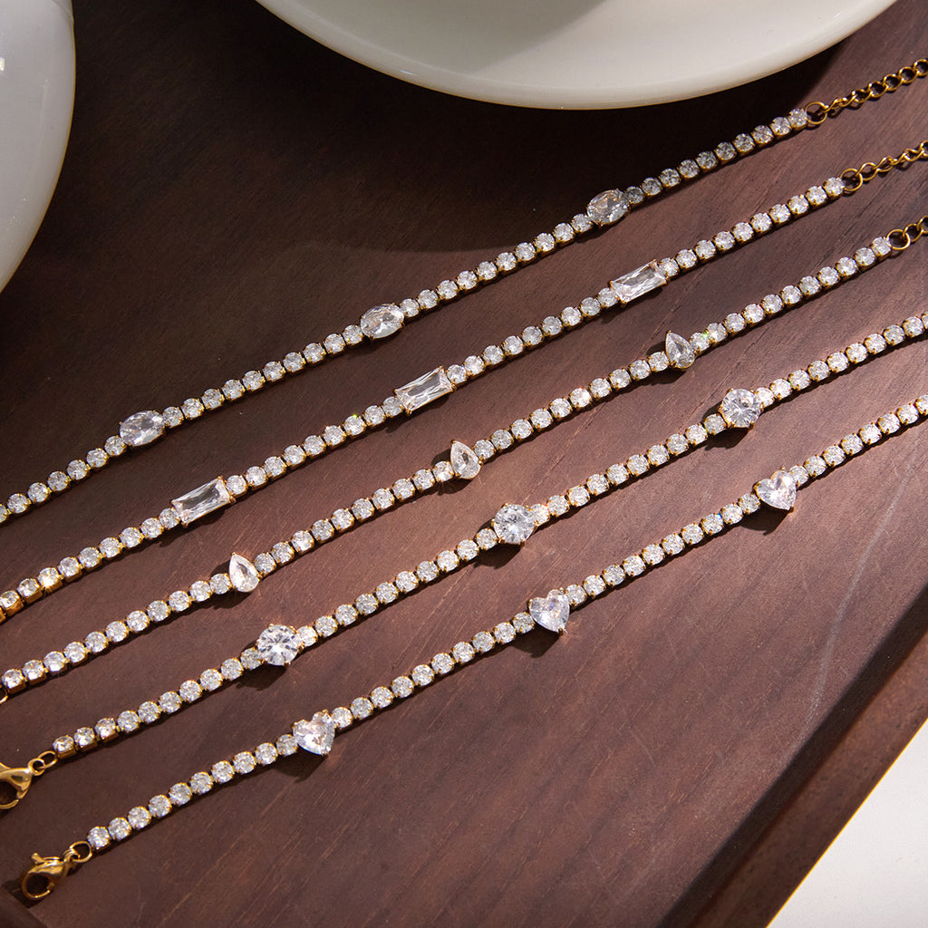 18K Gold Plated White Zircons Waterproof Stainless Steel Adjustable Hypoallergenic Tennis Chain Bracelet Unisex Light Gift