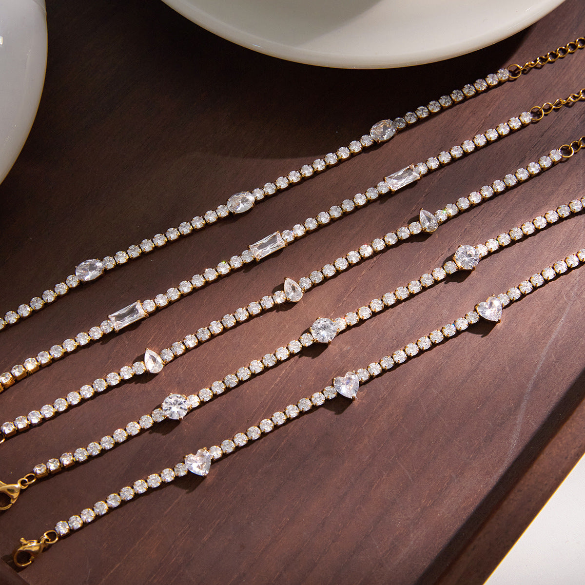 18K Gold Plated White Zircons Waterproof Stainless Steel Adjustable Hypoallergenic Tennis Chain Bracelet Unisex Light Gift