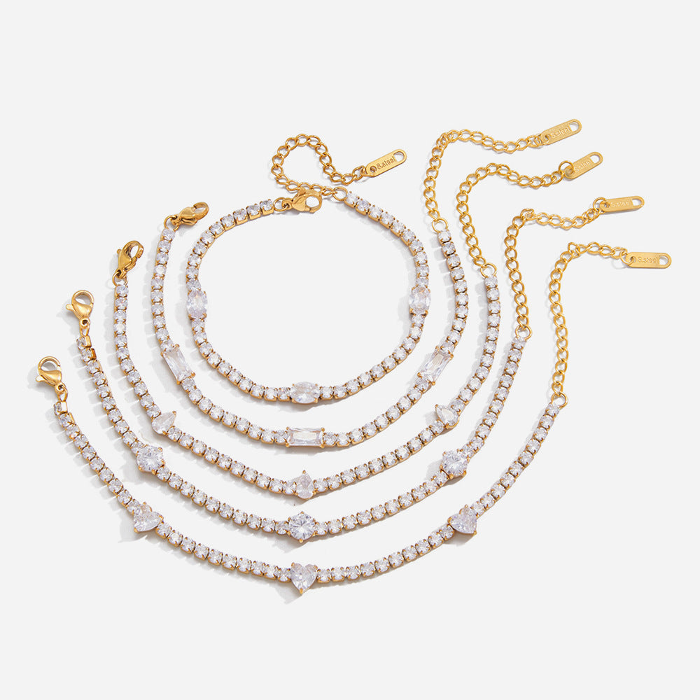 18K Gold Plated White Zircons Waterproof Stainless Steel Adjustable Hypoallergenic Tennis Chain Bracelet Unisex Light Gift